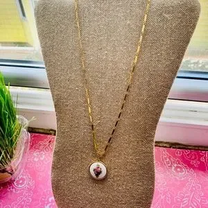 Pendentif Floral En émail Guilloché Blanc - Peint à La Main - Vintage Goldette - Occasion